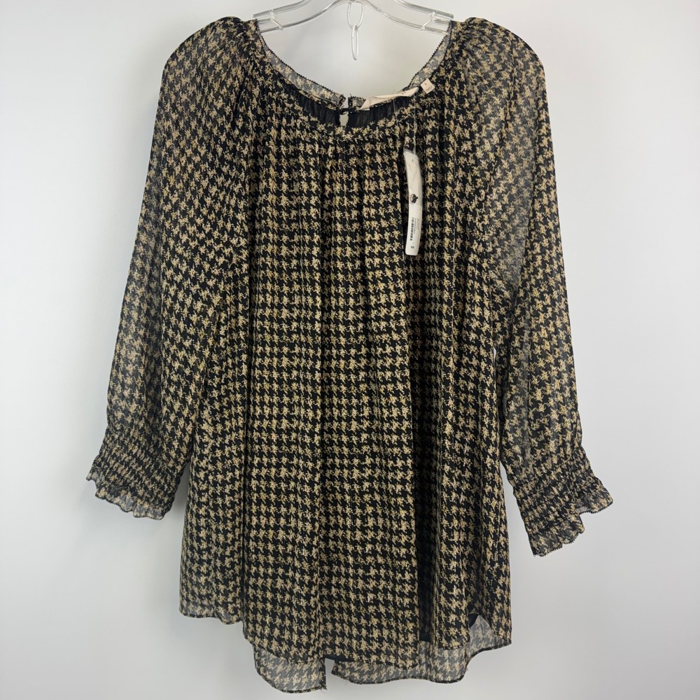 Soft Surroundings Blouse Women's L Black Ivory Houndstooth Peasant Sheer Top NWT